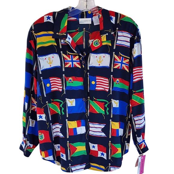 NWT Liz Claiborne Petites Vintage Nautical Flag Print Blouse 10P Cruise Resort - Picture 2 of 6